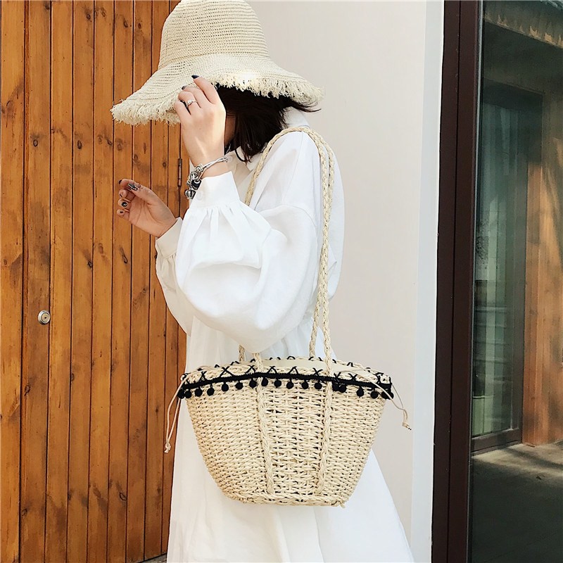 Túi cói xách tay có tua rua thời trang đi biển phong cách vintage Labonia