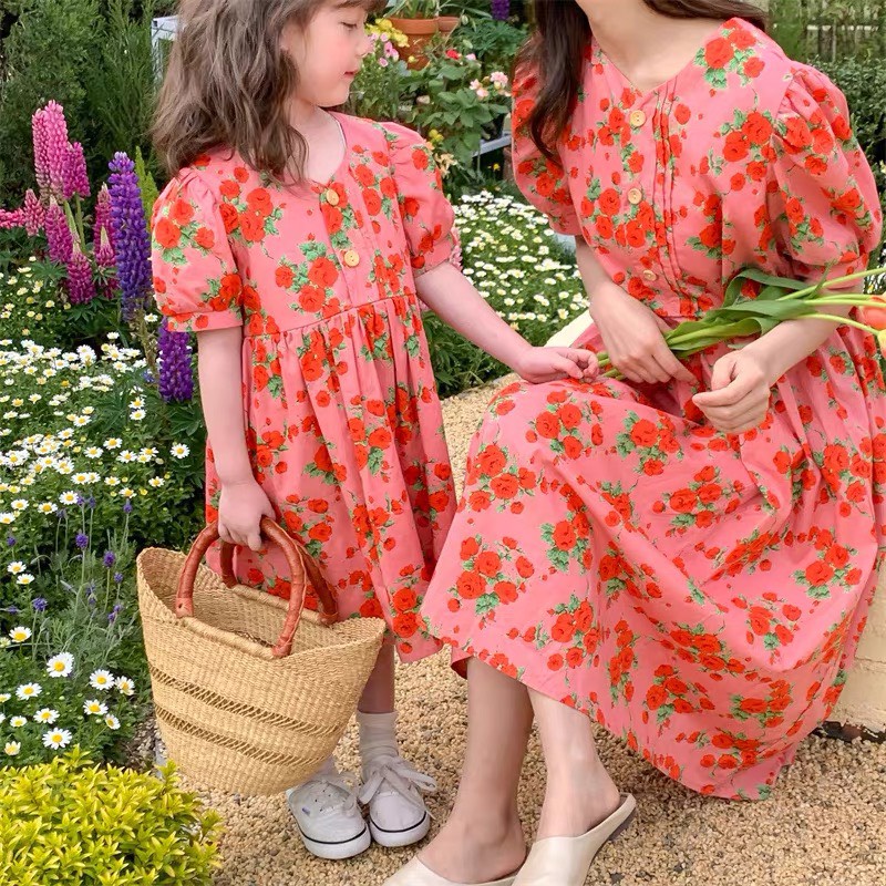 Váy bé gái đầm babydoll bé gái hoạ tiết hoa đỏ hồng size nhỡ G12