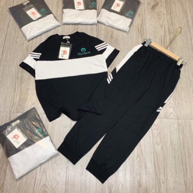 S273 Set Thể Thao Max Maran Phối Áo Phông Cổ Tròn In Chữ Nổi Và Quần Thể Thao Bo chun tôn Dáng , Chất Cotton tàu L1