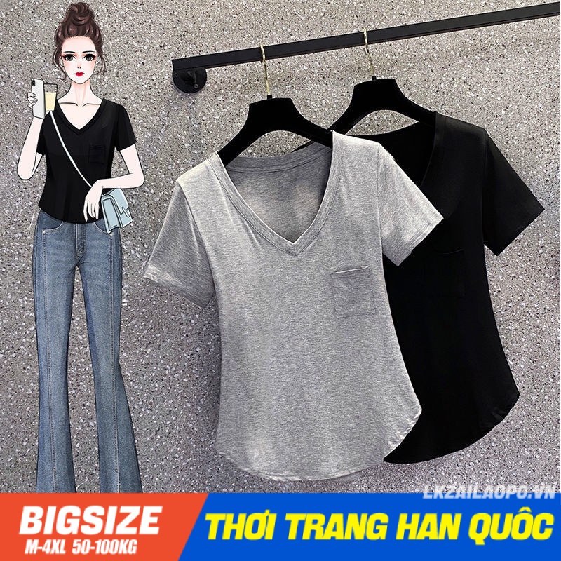 Áo thun Bigsize Áo kiểu nữ dáng ôm tay ngắn cổ chữ v trơn mùa hè Phong cách Hàn Quốc Thời Trang tiểu thư cá tính xinh đẹp cho người mập béo