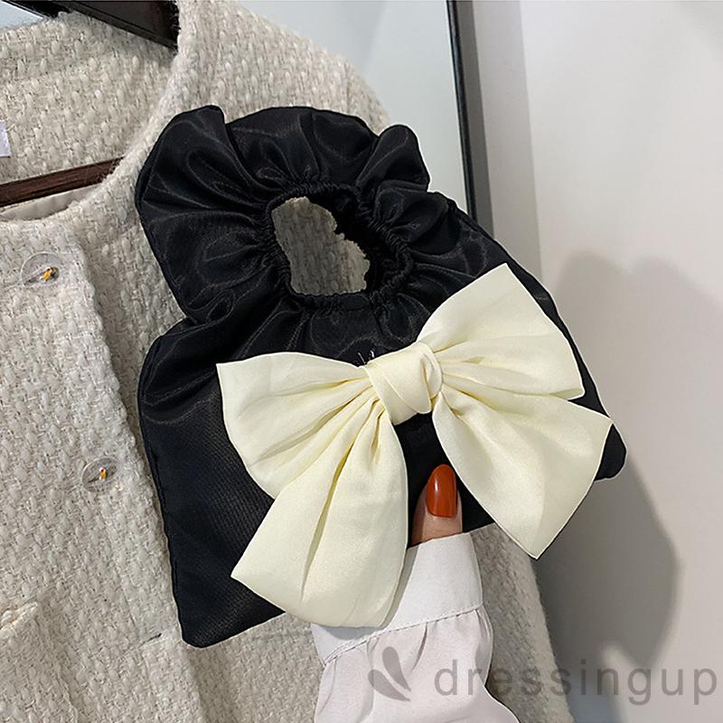 DRE-Women Elastic Rubber Band Handbag, Ruched Tote Bag with Bow Knot Decor, White/ Black