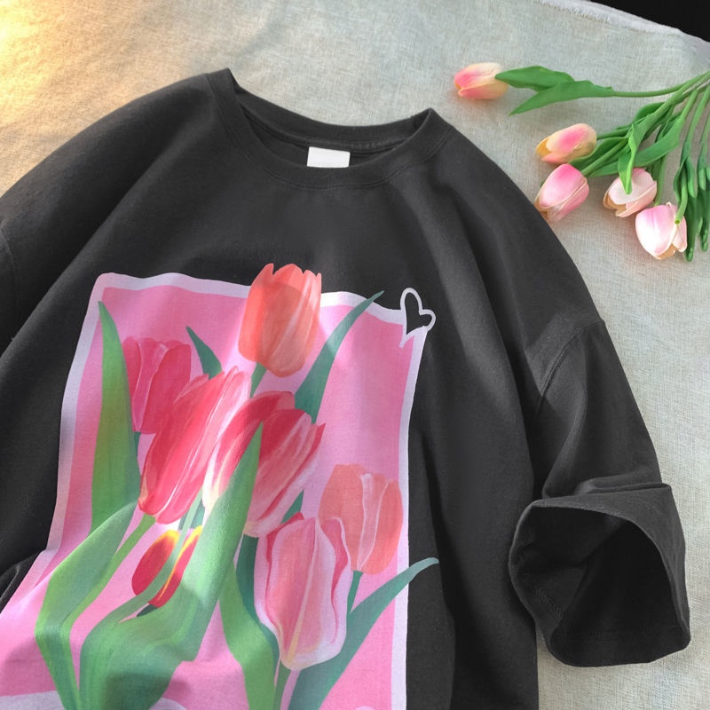 Áo Thun Tay Ngắn Họa Tiết Hoa Tulip Thời Trang Mùa Hè Mới Cho Nữ