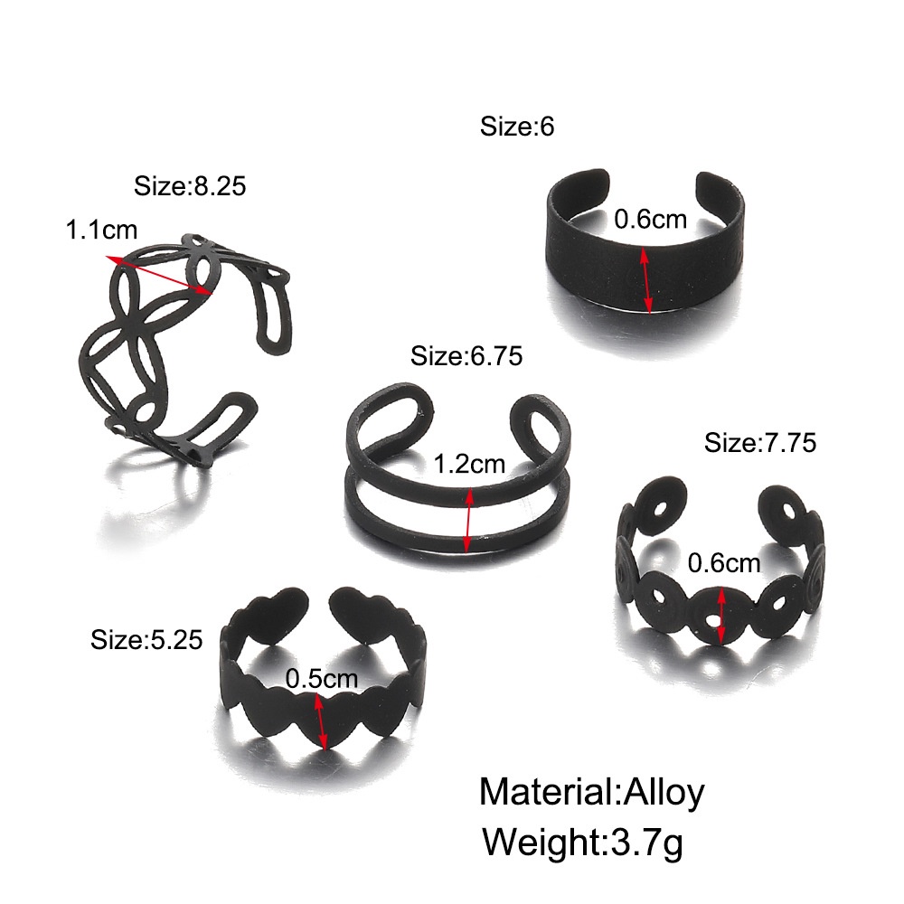 Set 5 Nhẫn Hợp Kim Màu Đen Thiết Kế Dạng Mắc Xích Hình Trái Tim