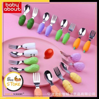 [MỞ KHO SỈ BÁN LẺ] Set thìa dĩa tập xúc cán ngắn BABY ABOUT, muống nĩa cán ngắn silicone an toàn cho bé