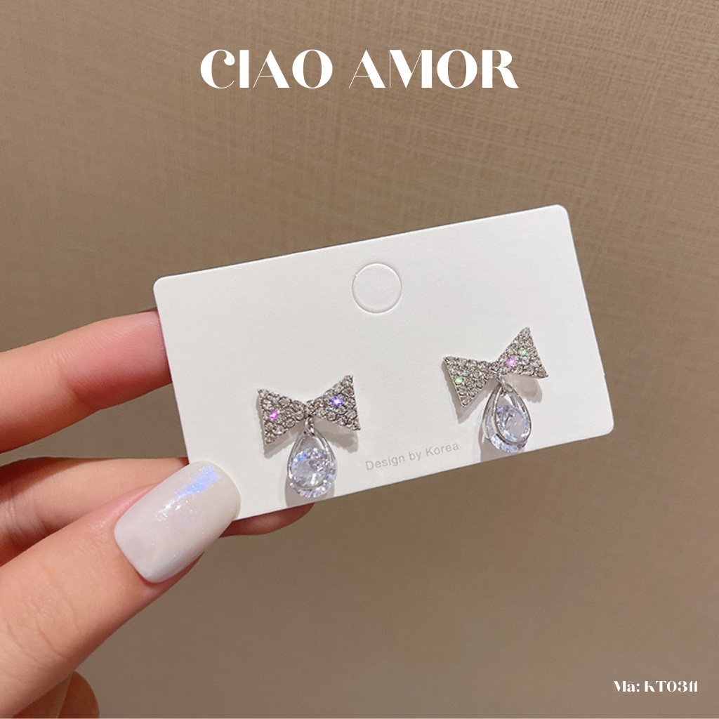 Khuyên tai nữ, Bông tai nữ nụ nơ bạc đính đá to dưới Trang sức Ciao Amor - KT0311