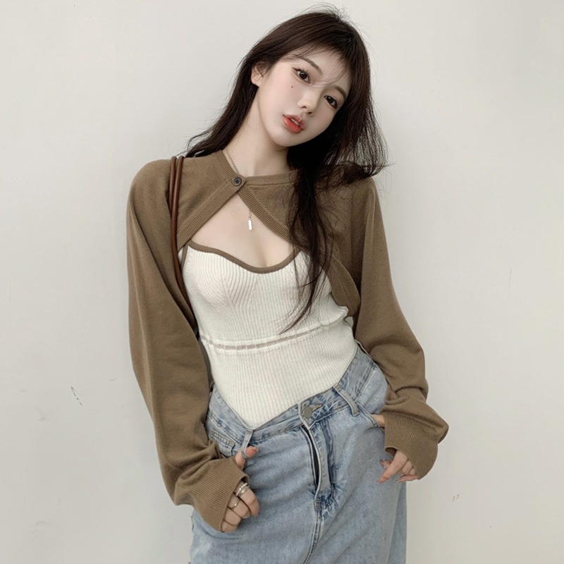 Bộ Áo Croptop Dệt Kim Ngắn 2 Món + Áo Hai Dây Màu Khối Thời Trang Cho Nữ