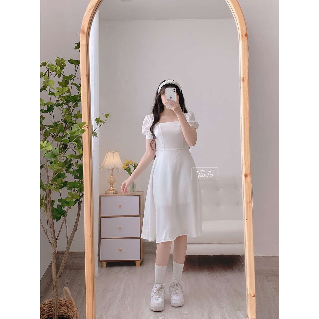 Váy vintage cổ vuông cộc tay Tia19. Đầm vintage cộc tay (ảnh thật).