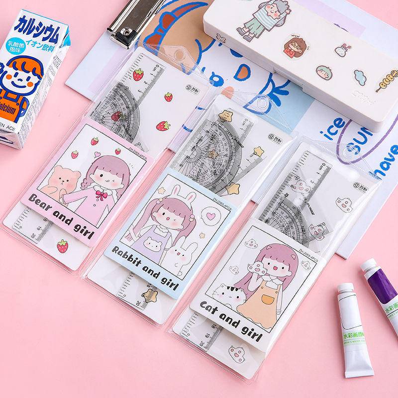 ⭐ iLado ⭐   Bộ Thước Kẻ 4 Món 15cm Thước đo kích thước Dụng Cụ Vẽ Hình Học Thước kẻ học sinh dễ thương chất lượng cao Tiện Lợi Hoạt Hình trong suốt có túi đựng In Họa Tiết Hoạt Hình dễ thương chất lượng cao