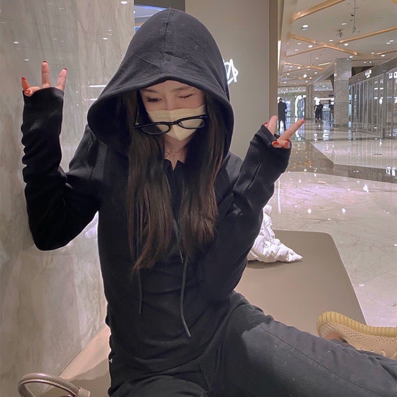 ANU67 - ÁO HOODIE NỮ LEN GIẤY CỔ CÚC DÀI TAY