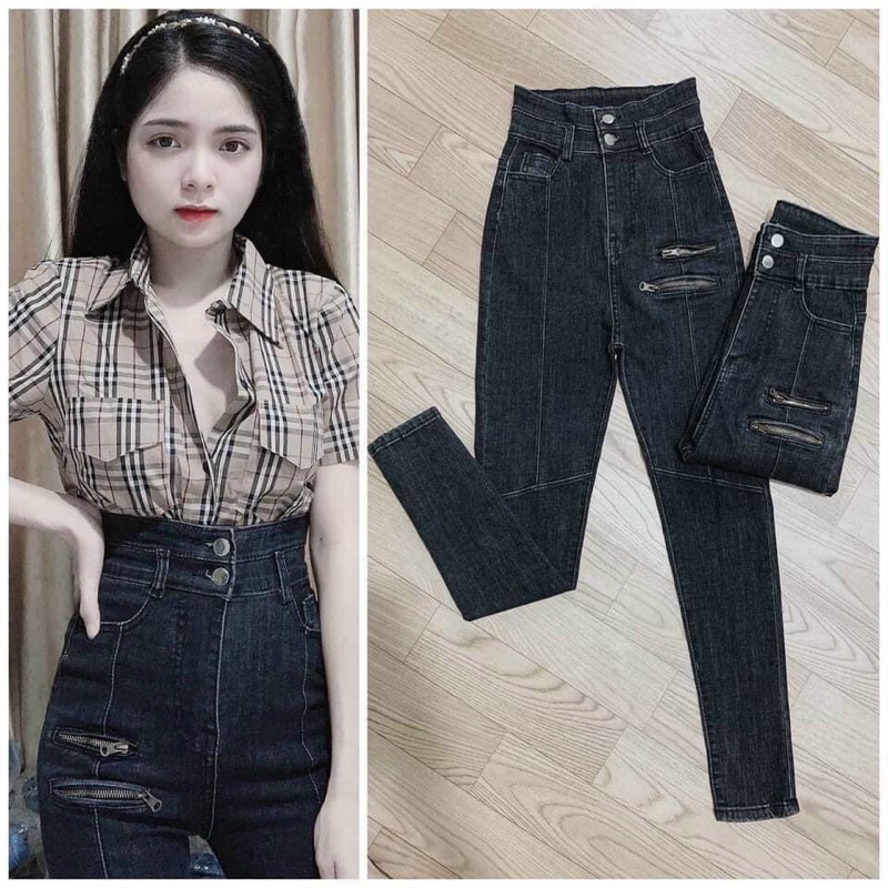 Quần jeans Mã 2K ôm body lưng siêu cao nút kiểu, quần jean nữ, quần bò nữ lưng cao - JZ5J