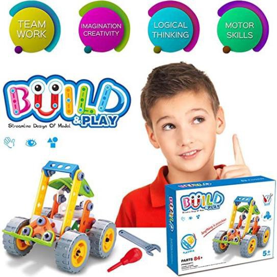 Đồ chơi phát triển kỹ năng Stem - Build&amp;Play - lắp ghép mô hình xe nâng 84 chi tiết Toyshouse J-7703
