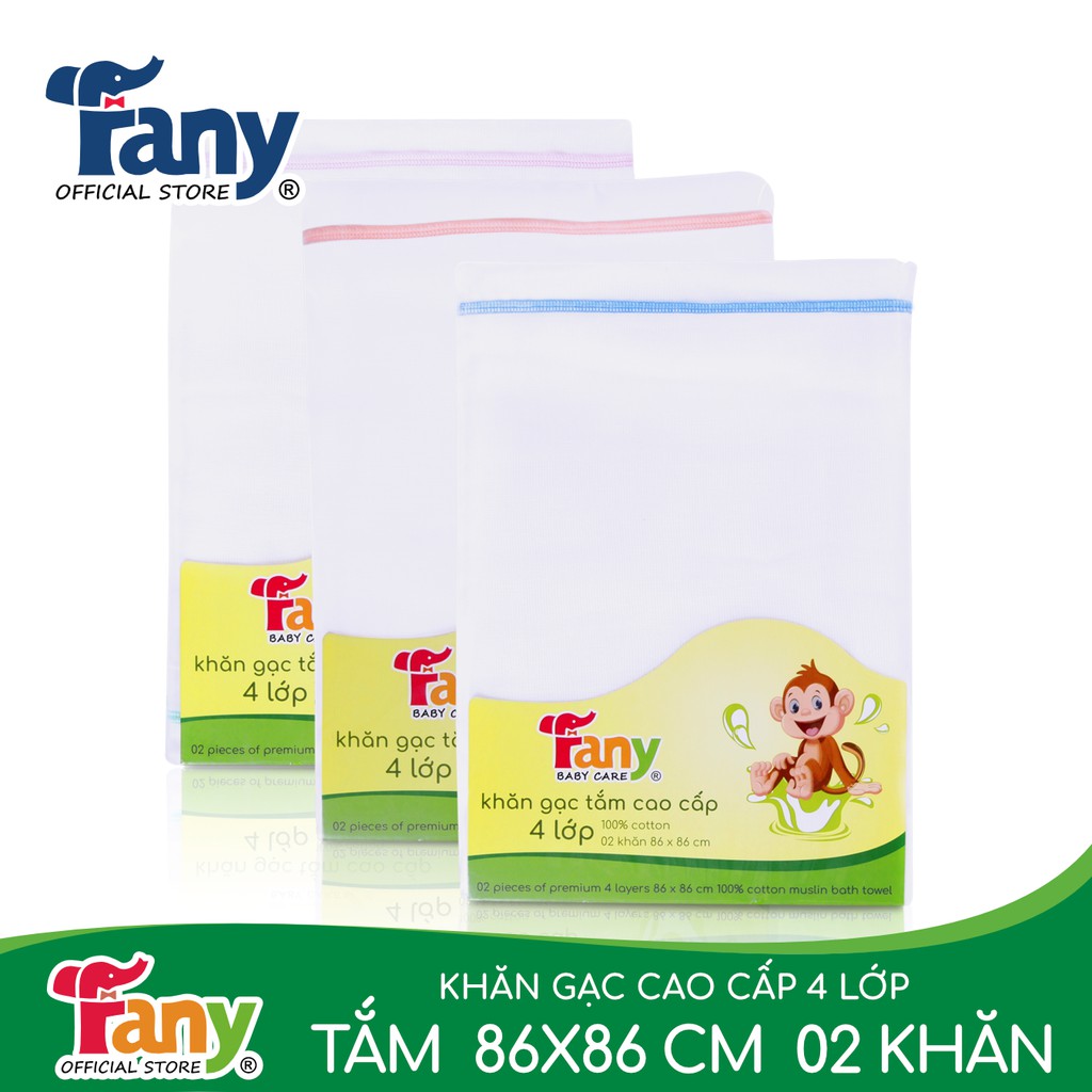 Khăn gạc tắm cao cấp 4 lớp Fany® 86x86 cm 100% cotton 2 khăn/ bịch mềm mại thấm hút ưu việt 6 màu sắc 2 khăn/bịch