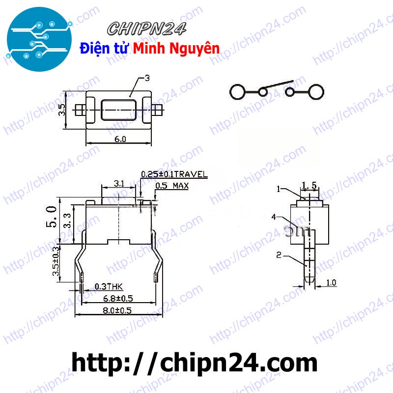 [10 CÁI] Nút nhấn 2 chân 3x6x5mm DIP TRẮNG