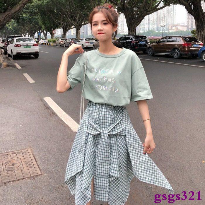 Set Áo Thun Tay Ngắn Dáng Rộng + Chân Váy Sọc Ca Rô Lệch Tà Kiểu Hàn Quốc Dễ Thương Size S-2xl