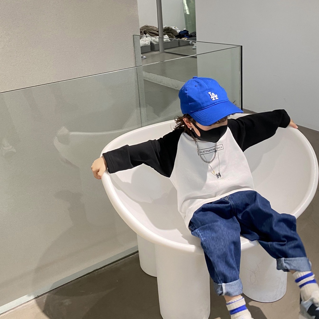 AB424 - Áo phông raglan phối tay đen sz 90-140, dài tay, thời trang thể thao cho bé thu đông 2022