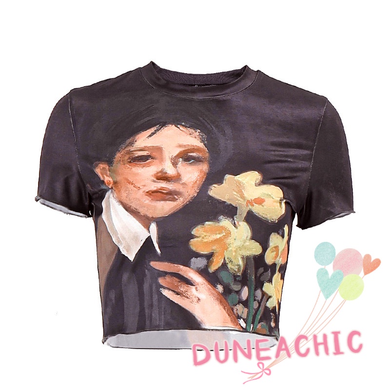 DUNEA Áo Thun Ngắn Tay In Họa Tiết Vintage Xinh Xắn Dành Cho Nữ