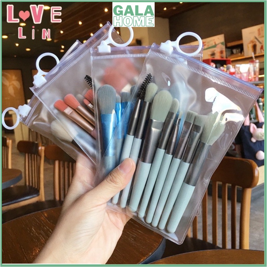 SET 8 Cọ Đánh Phấn Trang Điểm Kèm Túi Khóa Kéo Phong Cách Vintage GALA HOME