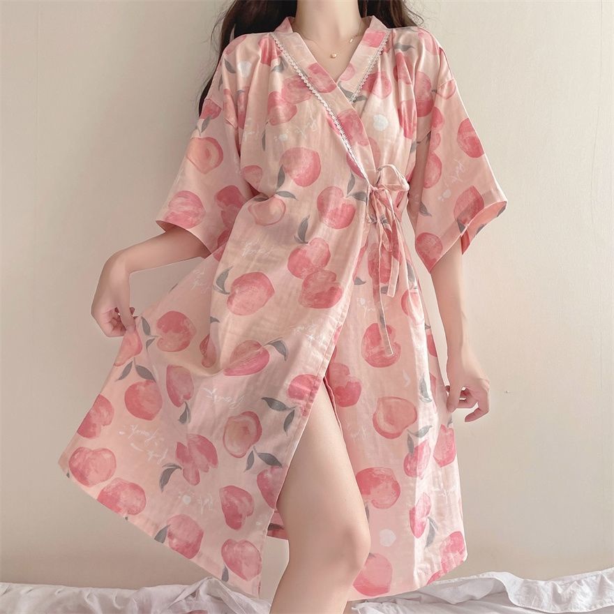 Bộ Đồ Ngủ Kimono Cotton Tay Ngắn Phong Cách Nhật Bản Dễ Thương Dành Cho Nữ