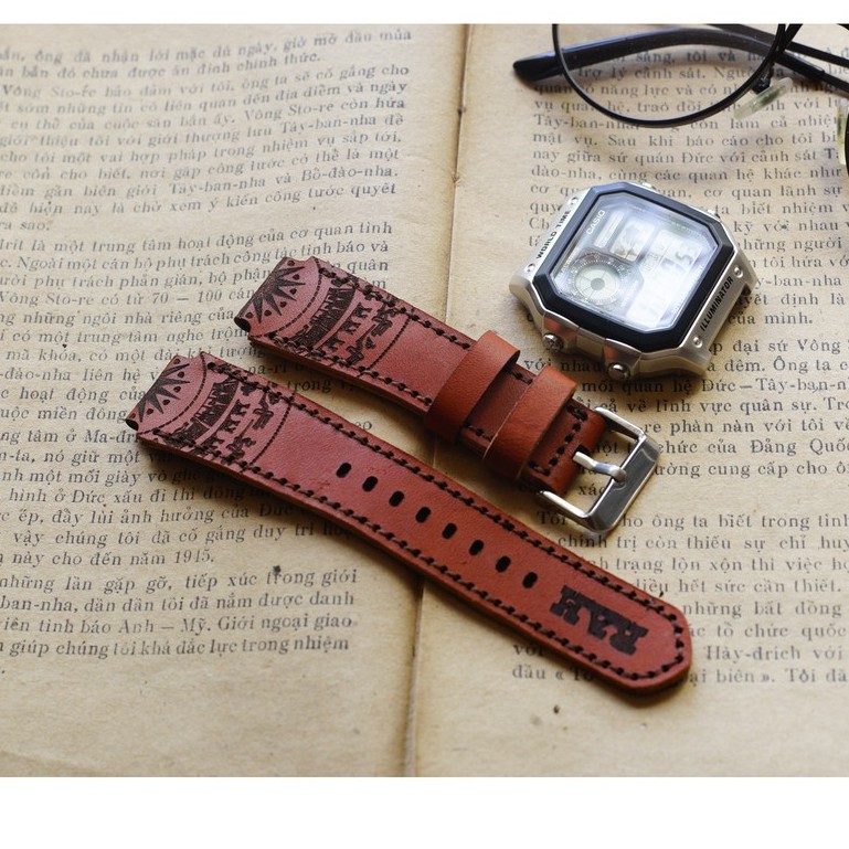 Dây đồng hồ RAM Leather Trống đồng cho CASIO 1200, AE 1200, 1300, 1100, A159 , A168 , Size 18 da bò nâu đỏ