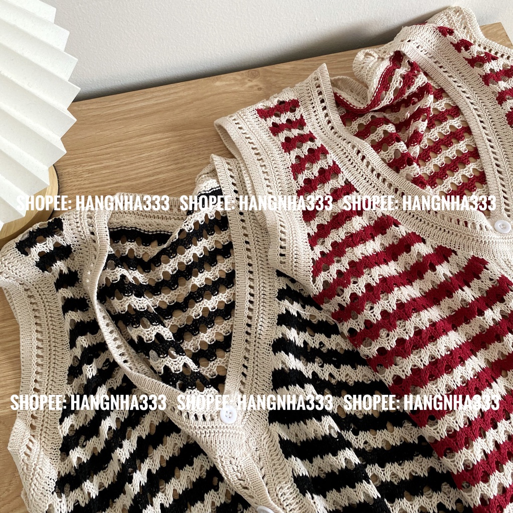 Áo len gile tanktop sát nách dáng rộng cài khuy hoạ tiết sọc ngang nhiều màu vintage