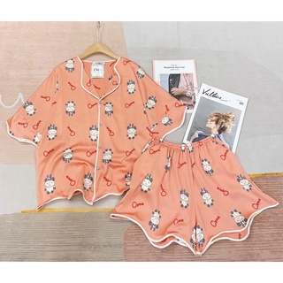 Bộ lụa Pijama - Bộ lụa mango cánh dơi áo cộc quần đùi