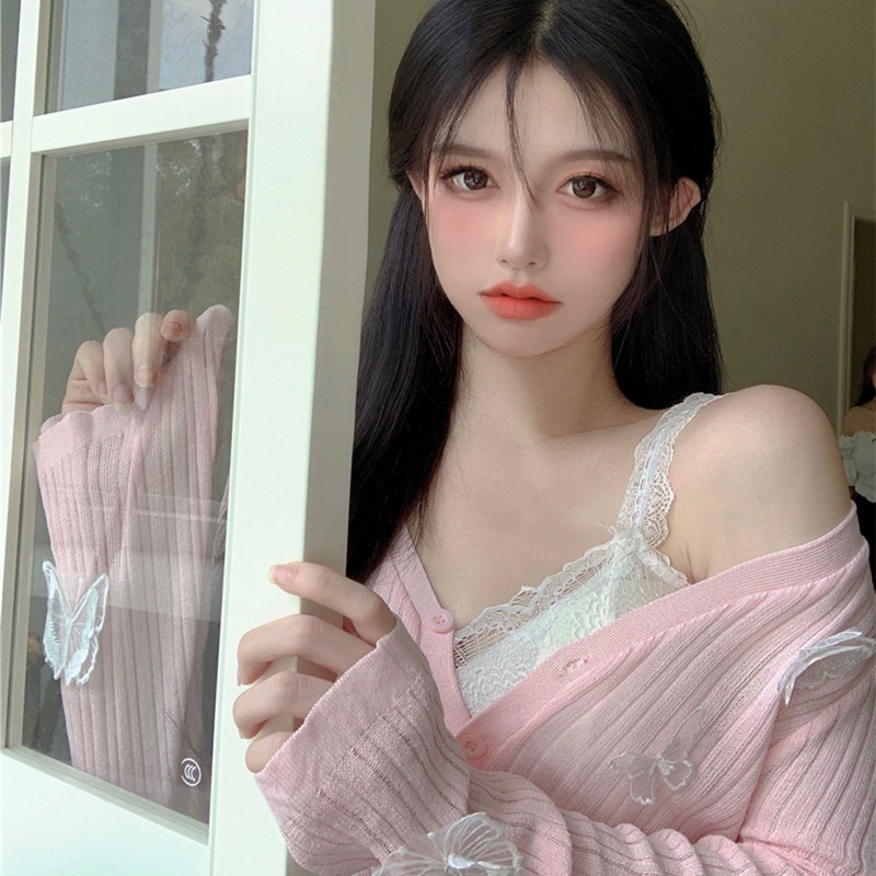 Áo Khoác Len Cardigan Tay Dài Phối Lưới Mỏng Đính Nút Họa Tiết Bướm 3D Dễ Thương Cho Nữ