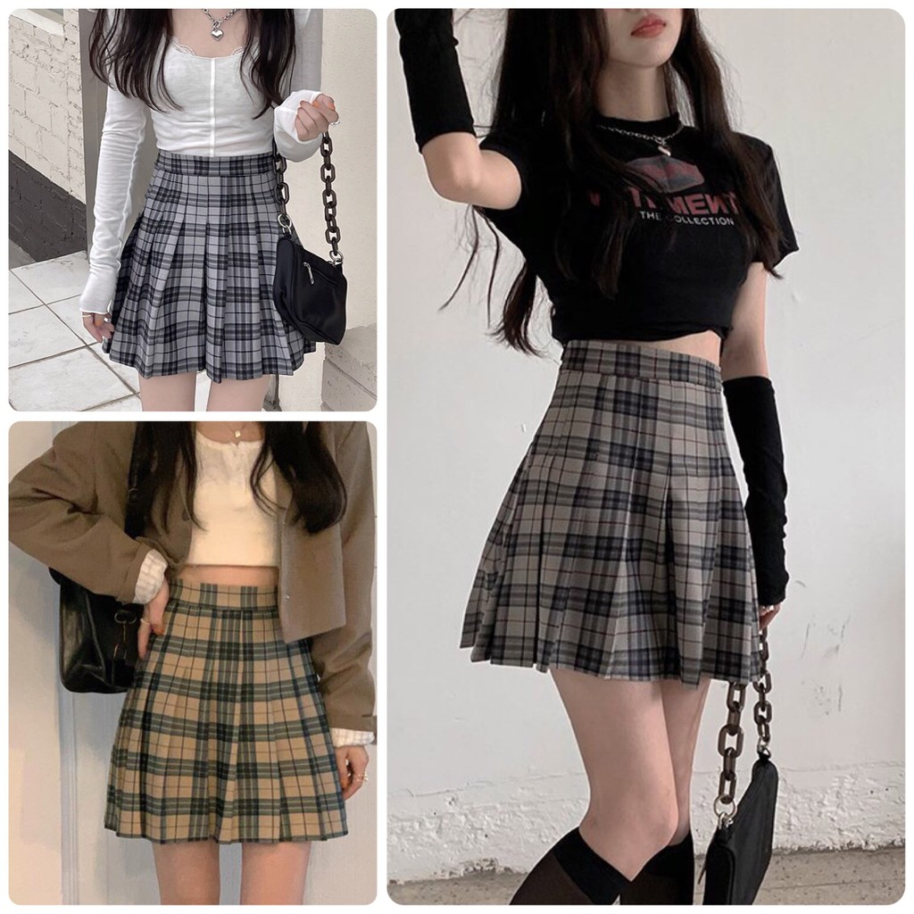 Chân váy caro xếp ly cạp cao hách dáng siêu cao phong cách hàn quốc hàng quảng châu