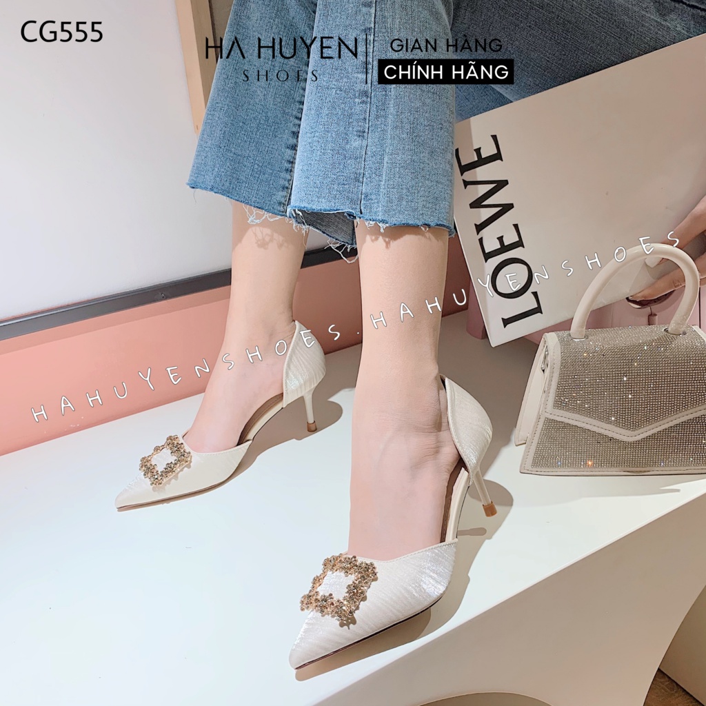 Giày cao gót nữ Hà Huyền Shoes khoét eo mũi nhọn đính đá chữ nhật ánh xanh gót 7 phân - CG555