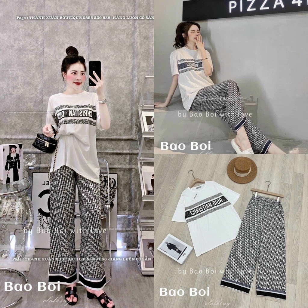 Sét bộ áo thun form rộng in chữ đì o phối quần ống rộng chữ D kín cực hot , chất thun coton mềm mát mk