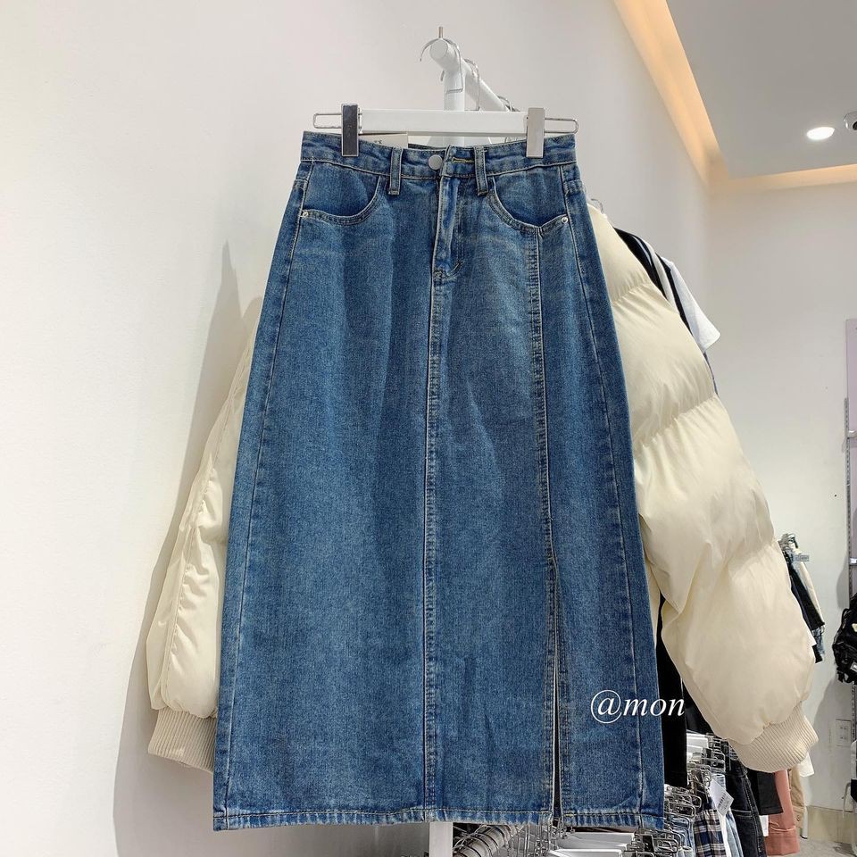 2101550 Chân váy jeans dáng dài nữ ulzzang xẻ bên nhiều màu chất jeans dày dặn có size | BigBuy360 - bigbuy360.vn