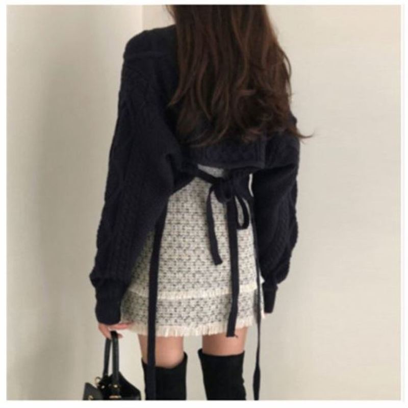 DUNEA COD Áo sweater ngắn phối dây buộc quyến rũ phong cách Hàn Quốc