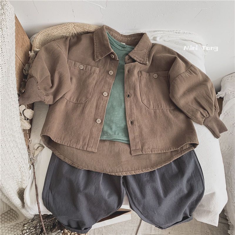 Áo Sơ Mi Cotton Màu Trơn Phong Cách Hàn Quốc Thời Trang Mới Cho Bé Trai Và Gái