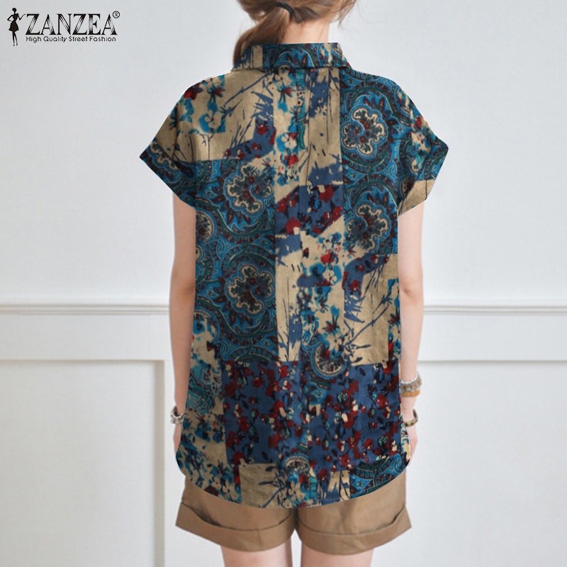 Áo sơ mi ZANZEA tay ngắn cổ bẻ in họa tiết vintage thời trang dành cho nữ