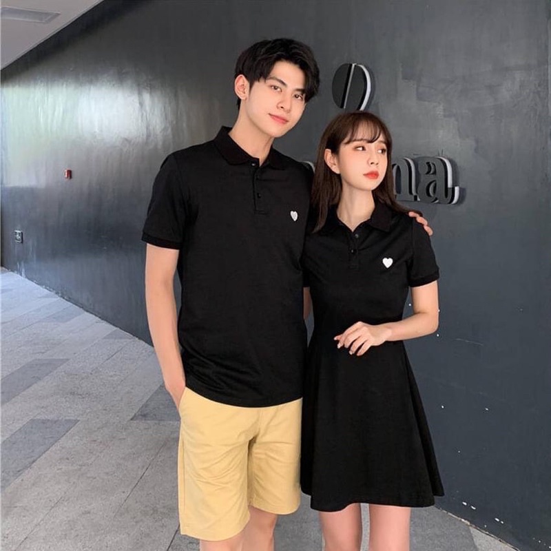 Áo váy thun đôi polo đen hoạ tiết tim trắng Forever Couple Store