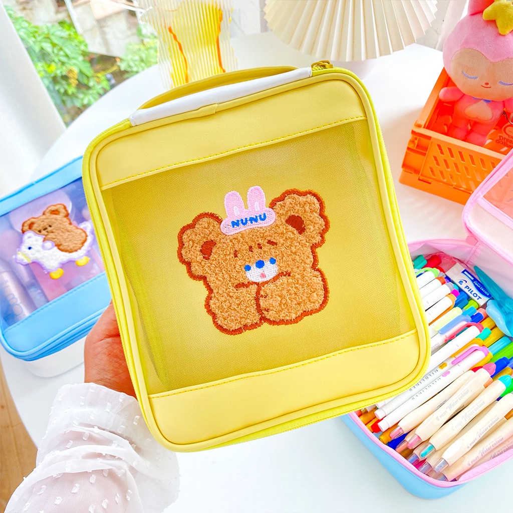 Túi đựng mỹ phẩm dạng lưới sức chứa lớn họa tiết gấu hoạt hình xinh xắn tiện lợi dành cho phái đẹp