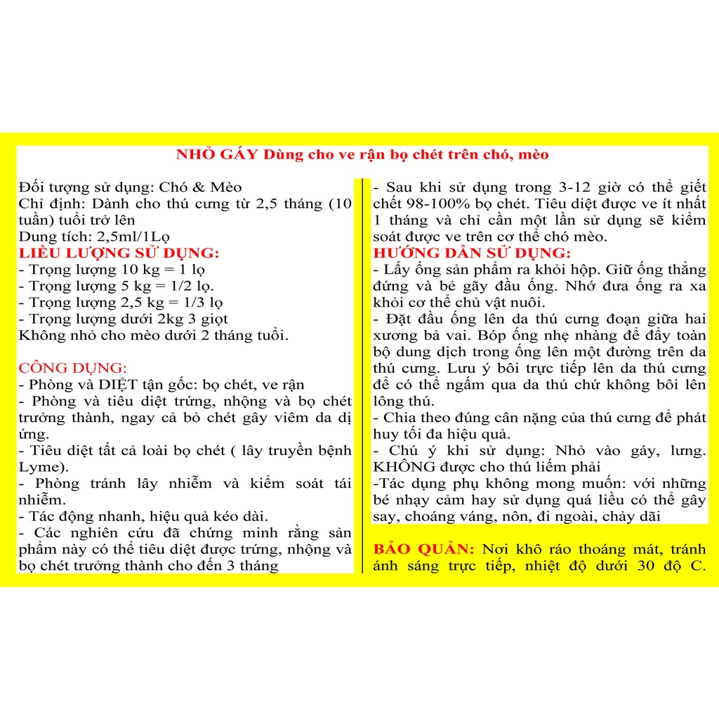 NHỎ GÁY Dùng cho ve rận bọ chét trên chó, mèo
