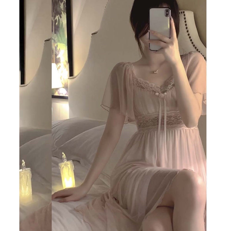 Đầm Ngủ Tay Ngắn Có Mút Đệm Ngực Phối Ren Phong Cách Công Chúa Dễ Thương Quyến Rũ Cho Nữ