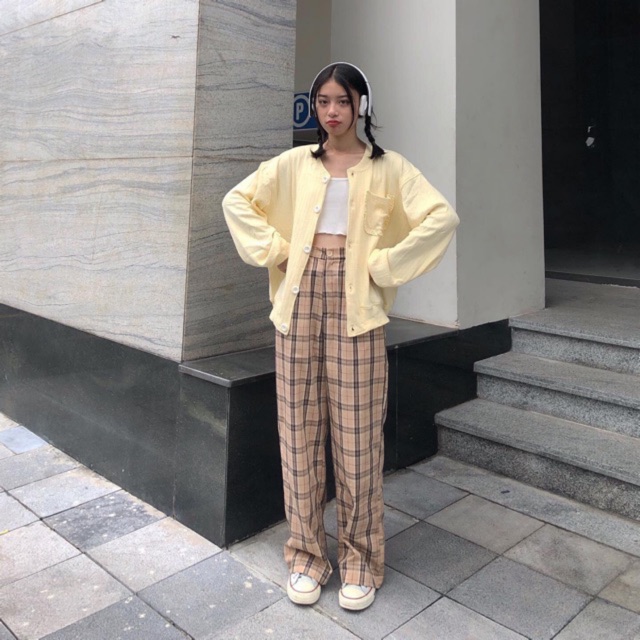 Quần caro lưng cao ống rộng plaid pants hai màu