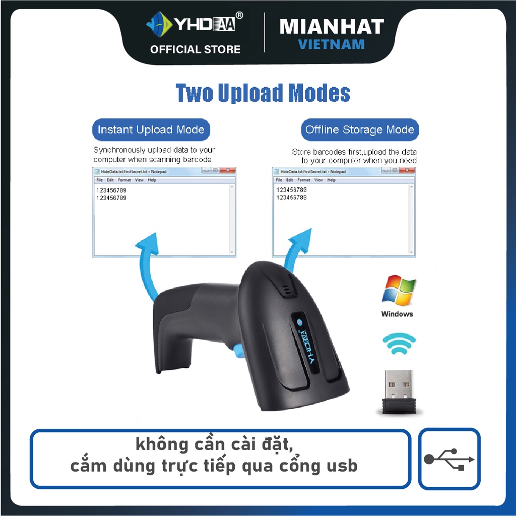 Máy quét mã vạch không dây YHD 6200DW 2D, Máy bắn mã vạch Barcode, Qrcode không dây USB dùng trên Laptop, PC