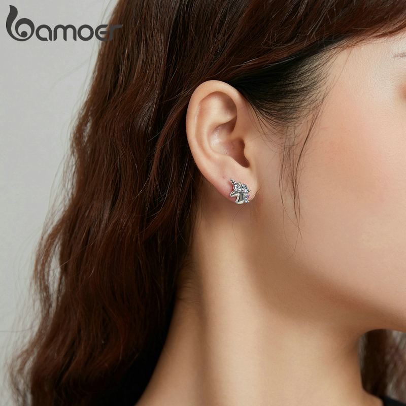 Bông Tai Bamoer BSE496 Làm Quà Tặng Dành Cho Nữ Tạo Hình Ngựa Một Sừng Bằng Bạc Thật 925 Đính Đá Zircon