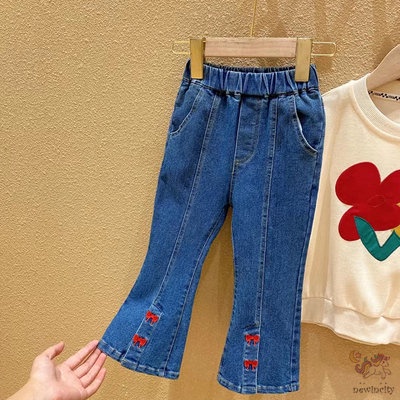 Quần Jean Ống Loe Co Giãn Thêu Họa Tiết Dễ Thương Phong Cách Hàn Quốc Cho Bé Gái