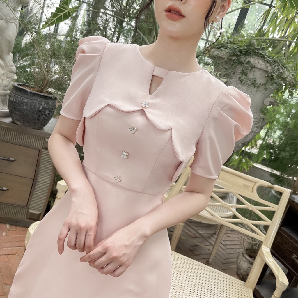 Váy Taffeta Vàng Cúc Hoa Tay Bồng - Đầm Thiết Kế Dự Tiệc Sang Chảnh, Thanh Lịch-V21803