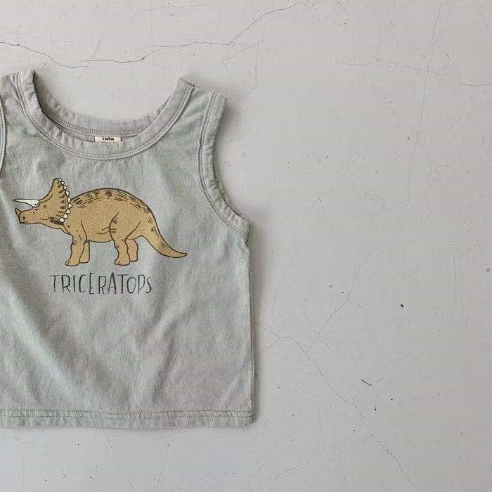 Set Áo Sát Nách + Quần Short Thoáng Khí Hoạ Tiết Khủng Long Đáng Yêu Cho Bé 66-90cm