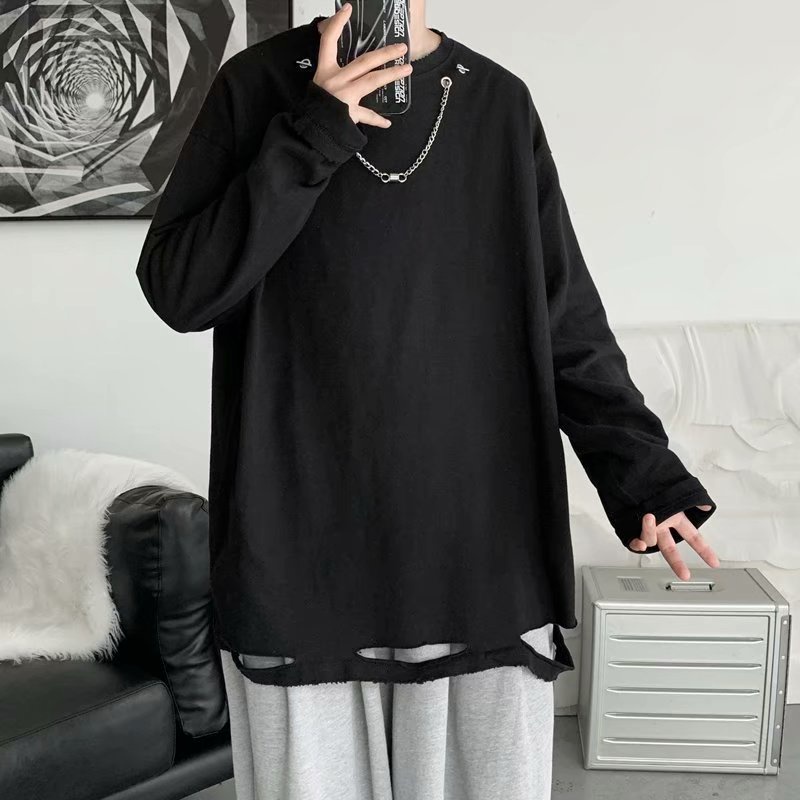 Áo sweater dành cho nam tay dài cổ tròn giả hai lớp dáng rộng thời trang mùa thu 2021