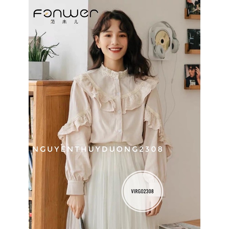 [Ảnh thật/Video/Sẵn]Áo sơmi cổ tàu viền ren ngực tay ulzzang