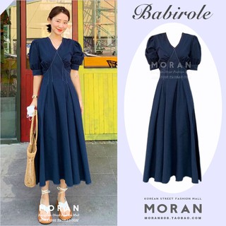 Váy MORAN cổ V tay phồng dập viền thon eo xòe dài vintage kiểu Pháp