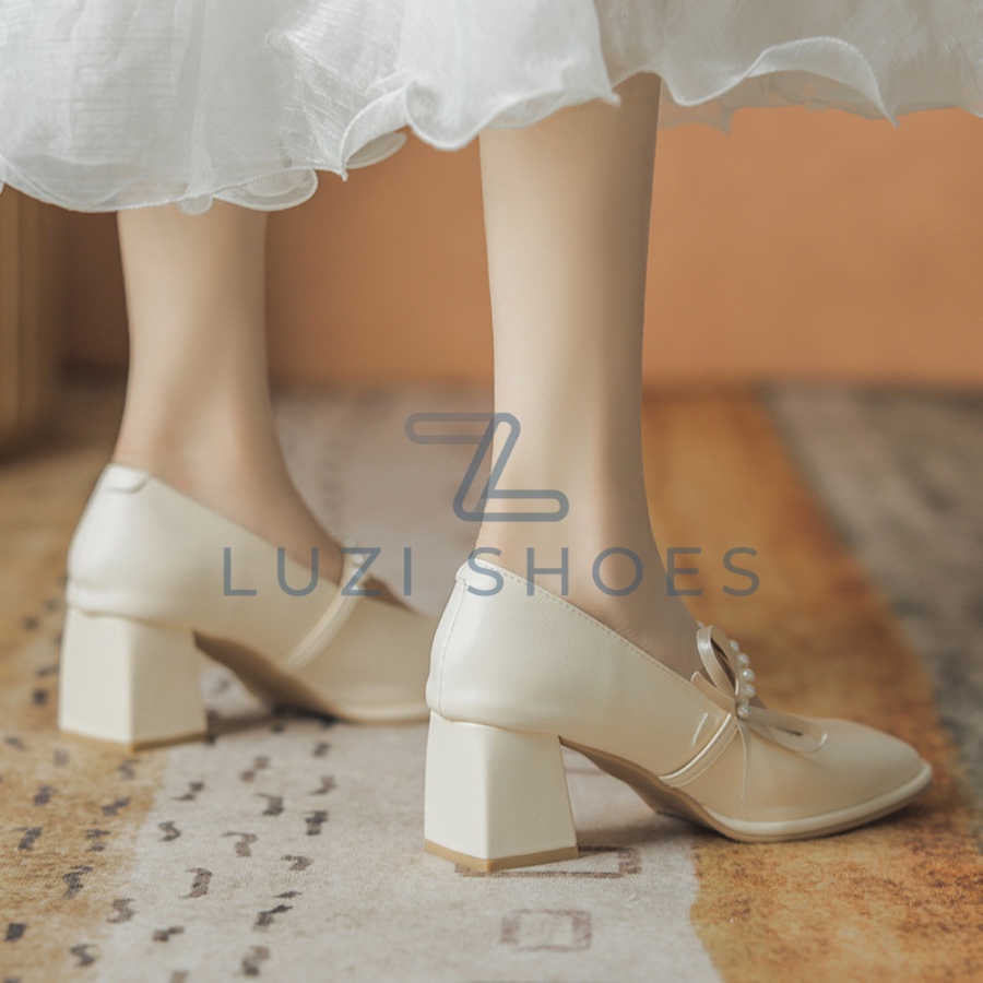 Giày búp bê mũi vuông cao gót nữ lolita gót vuông cao  5p, giày cao gót nữ bít mũi tiểu thư sang chảnh Luzi Shoes