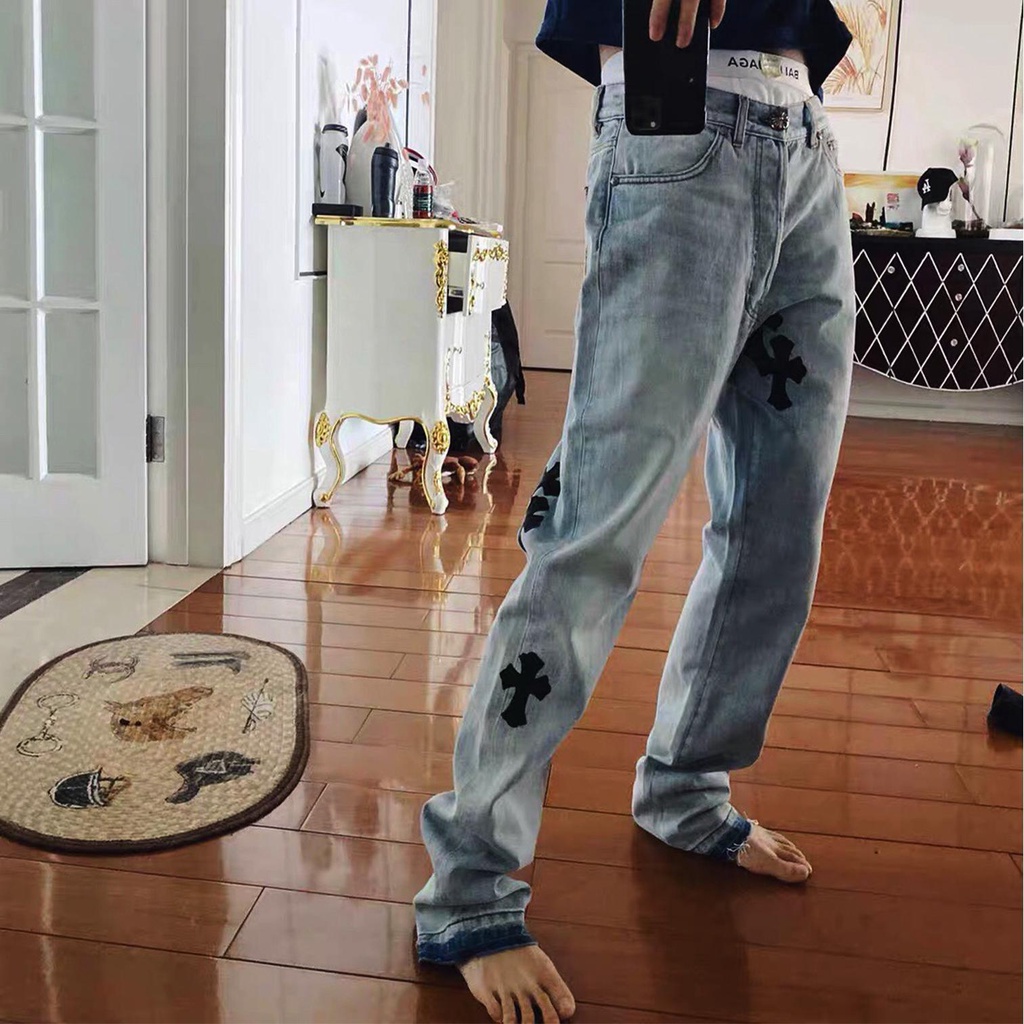 Quần Jeans Dài Dáng Suông Rộng Phối Da Có Khóa Bạc Phong Cách Đường Phố Cho Nam Giới