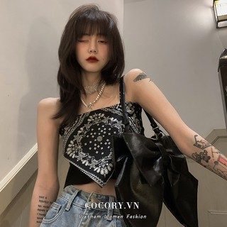 Áo Croptop Hai Dây Họa Tiết Retro Xinh Xắn Cá Tính Cho Nữ