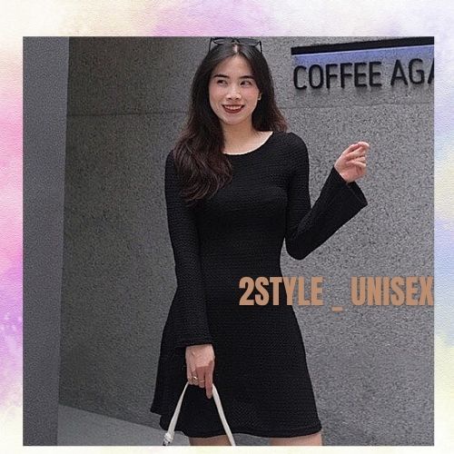 Đầm suông đen thiết kế đan dây lưng / Đầm body nữ tay dài cổ tròn dễ phối đồ phong cách Hàn quốc 2style-unisex